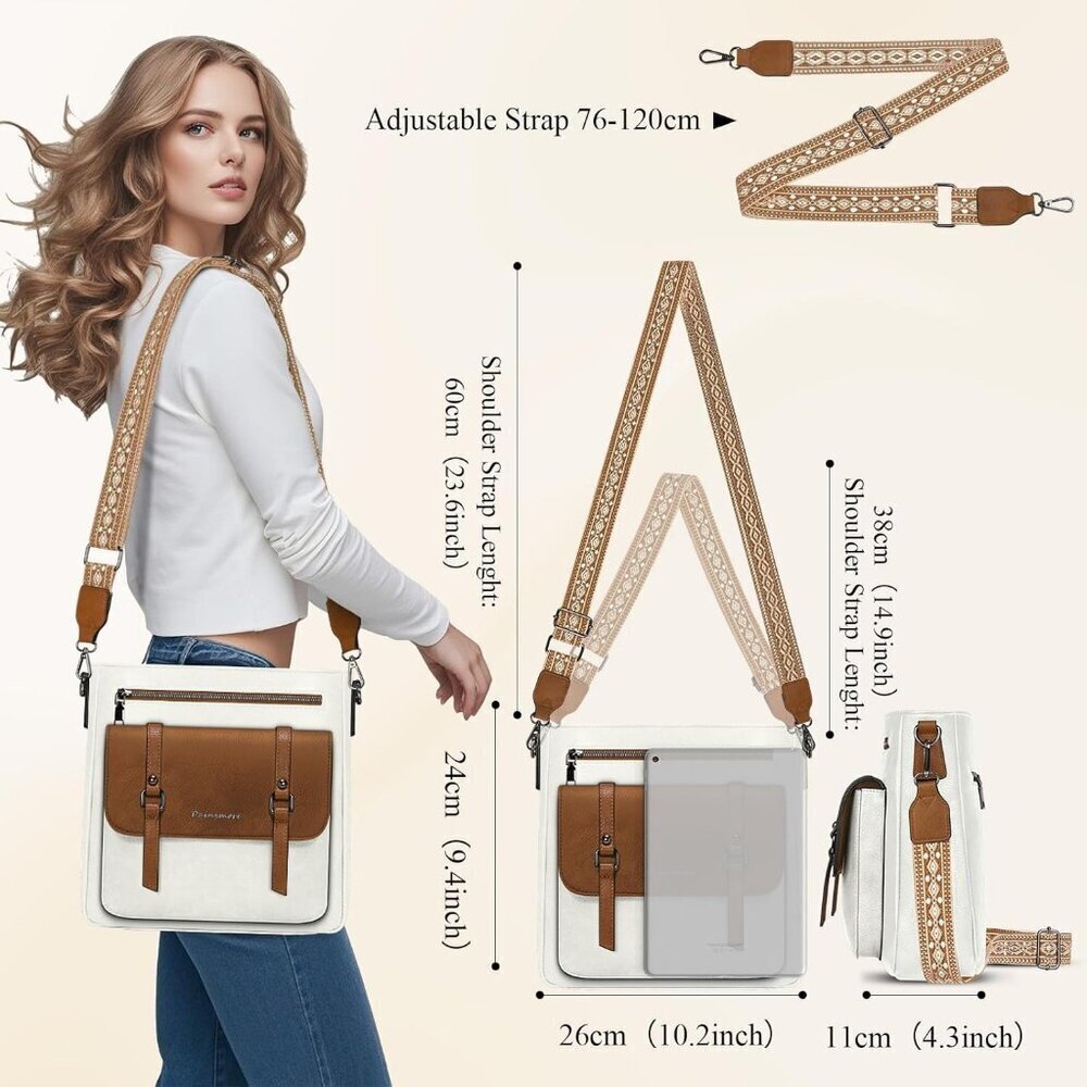 Women’s White and Brown Leather Waterproof Travel Crossbody and Shoulder Bags - Picture 2 of 6